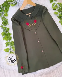 شومیز جلو دکمه لینن سبز تیره طرح گلدوزی 