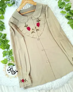 شومیز جلو دکمه لینن سبز سدری طرح گلدوزی 