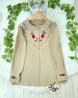 شومیز جلو دکمه لینن سبز سدری طرح گلدوزی 