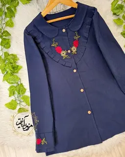 شومیز جلو دکمه لینن سرمه ای طرح گلدوزی 