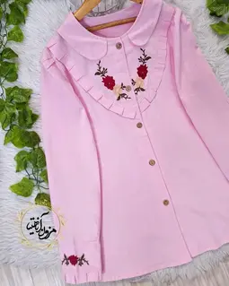 شومیز جلو دکمه لینن صورتی طرح گلدوزی 