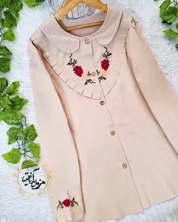 شومیز جلو دکمه لینن کرم طرح گلدوزی 