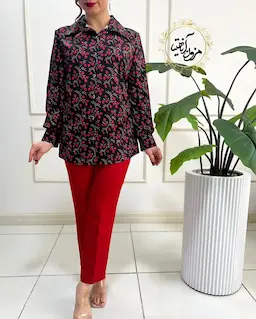 شومیز جلو دکمه مشکی طرح انار شاخه طلایی ریز ماهک
