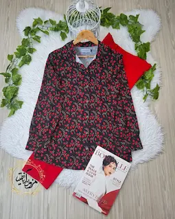 شومیز جلو دکمه مشکی طرح انار شاخه طلایی ریز ماهک سایز-3-تخفیفی