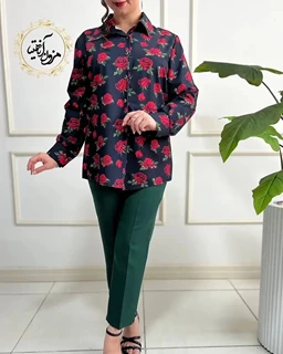 شومیز جلو دکمه مشکی طرح رز قرمز سایز-5-تخفیفی