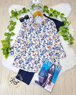 شومیز بیسیک جلو دکمه نسکافه ای روشن طرح برگ و گلبرگ سرمه ای لیزا