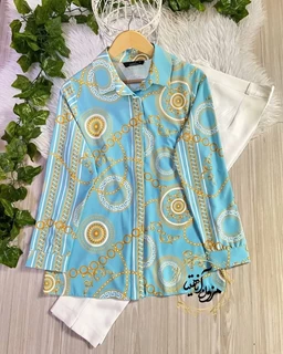 شومیز جلو دکمه ورساچه فیروزه ای روشن سایز-4-تخفیفی