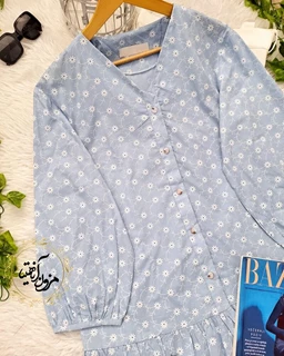 شومیز جلو دکمه پاچین دار آبی طرح گلدار نیکو