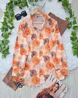 شومیز جلو دکمه کاراملی دارچینی طرح رز سایز-3-تخفیفی