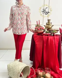 شومیز جلو دکمه کرم طرح بته جقه ریز نگار