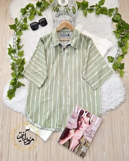 شومیز جلو زیپ دار سبز ماچا طرح راه راه سفید مستانه