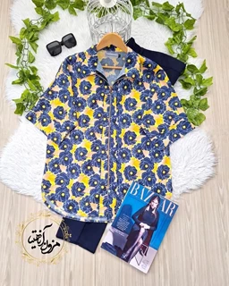 شومیز جلو زیپ دار سرمه ای زرد طرح گلدار دلنور