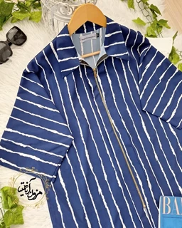 شومیز جلو زیپ دار سرمه ای طرح راه راه سفید مستانه
