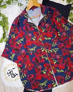 شومیز جلو زیپ دار سرمه ای طرح گلهای قرمز فیریزیا