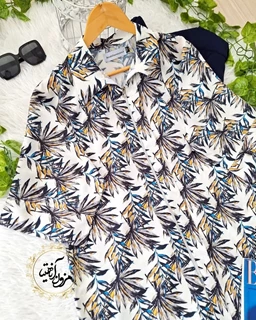 شومیز جلو زیپ دار سفید طرح برگ هاوایی نسرین