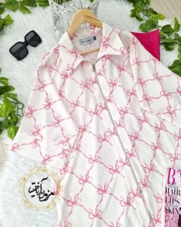 شومیز جلو زیپ دار سفید طرح برگ پاپیونی پونک