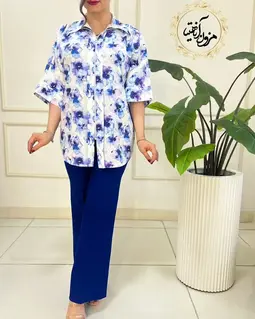 شومیز جلو زیپ دار سفید طرح بنفشه آبرنگی