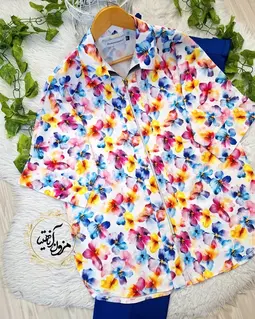 شومیز جلو زیپ دار سفید طرح بنفشه های رنگی 