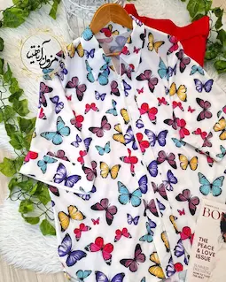 شومیز جلو زیپ دار سفید طرح پروانه افروز
