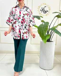 شومیز جلو زیپ دار سفید طرح گلهای رنگی ارکیده