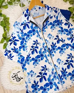 شومیز جلو زیپ دار سفید طرح گلهای کاربنی هیزل