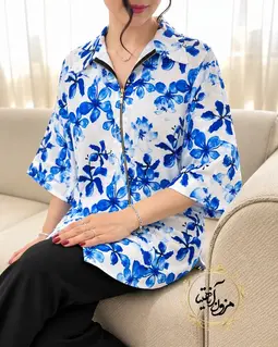 شومیز جلو زیپ دار سفید طرح گلهای کاربنی هیزل