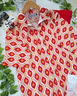 شومیز جلو زیپ دار سفید قرمز طرح لوزی سنتی ترمه