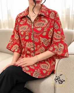 شومیز جلو زیپ دار قرمز طرح بته جقه طلایی اورانوس