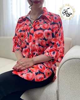 شومیز جلو زیپ دار مشکی طرح گلدار شقایق مهرانا سایز-3-تخفیفی