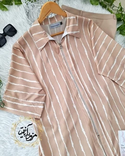 شومیز جلو زیپ دار نسکافه ای طرح راه راه سفید مستانه