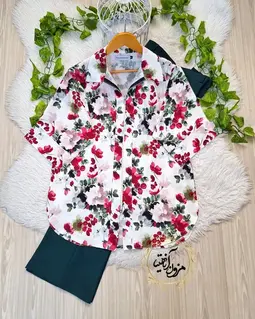 شومیز جلو زیپ دار سفید طرح گلهای رنگی ارکیده