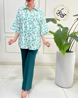 شومیز جلو زیپ سفید طرح ریسه برگ سبز کلارا
