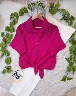 شومیز جلو گره ای سرخابی طرح نگینی