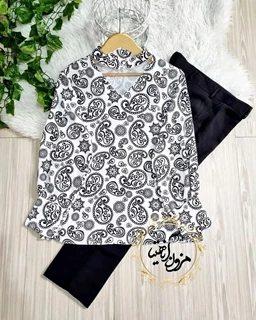 شومیز دو یقه سفید مشکی طرح بته جقه سایز-XL-تخفیفی