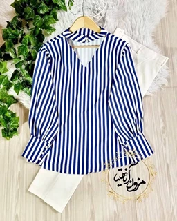 شومیز دو یقه سفید کاربنی طرح راه راه سایز-L-تخفیفی