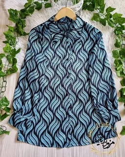 شومیز ساتن ژاکارد جلو دکمه دل آرا فیروزه ای سایز-3-تخفیفی