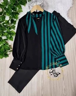 شومیز شالدار راه راه ساده سبز مشکی سایز-46-تخفیفی