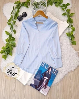 شومیز مجلسی آبی آسمانی طرح ساتن آرمانی جدید سایز-1-تخفیفی