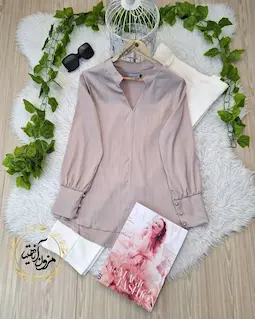 شومیز مجلسی خاکی طرح ساتن آرمانی جدید سایز-2-تخفیفی