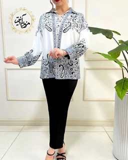 شومیز مجلسی سفید طوسی طرح سنتی آرشیدا سایز-38-تخفیفی