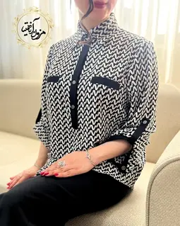 شومیز مجلسی سفید مشکی طرح زیگزاگی ریلا