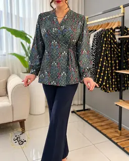 شومیز مدل لنگی سبز طرح برگ و گلبرگهای سنتی رنگی میانا