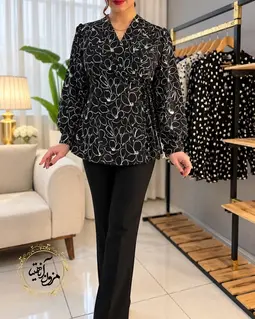 شومیز مدل لنگی مشکی طرح گلهای سفید سایگول
