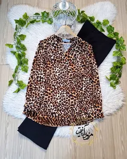 شومیز مدل لنگی نسکافه ای مشکی طرح پلنگی کامیشا