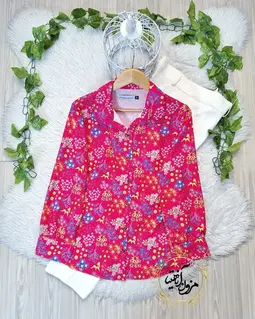 شومیز نخی جلو دکمه سرخابی تیره طرح گلهای رنگی رمیلا