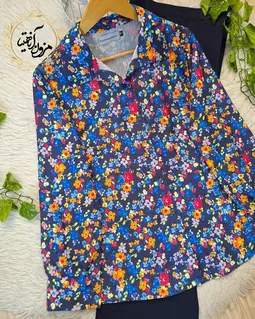 شومیز نخی جلو دکمه سرمه ای طرح شکوفه های رنگی ماتایا