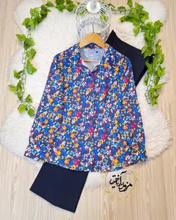 شومیز نخی جلو دکمه سرمه ای طرح شکوفه های رنگی ماتایا