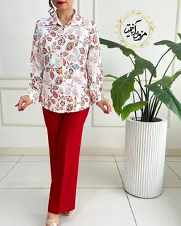 شومیز نخی جلو دکمه سفید طرح برگ الماس رنگی بیانکا