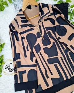 شومیز نیم زیپ مشکی نسکافه ای طرح هندسی 
