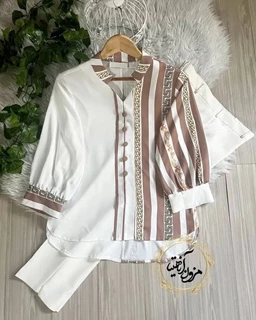 شومیز نیمه زنجیری راه راه نسکافه ای زمینه سفید سایز-1-تخفیفی